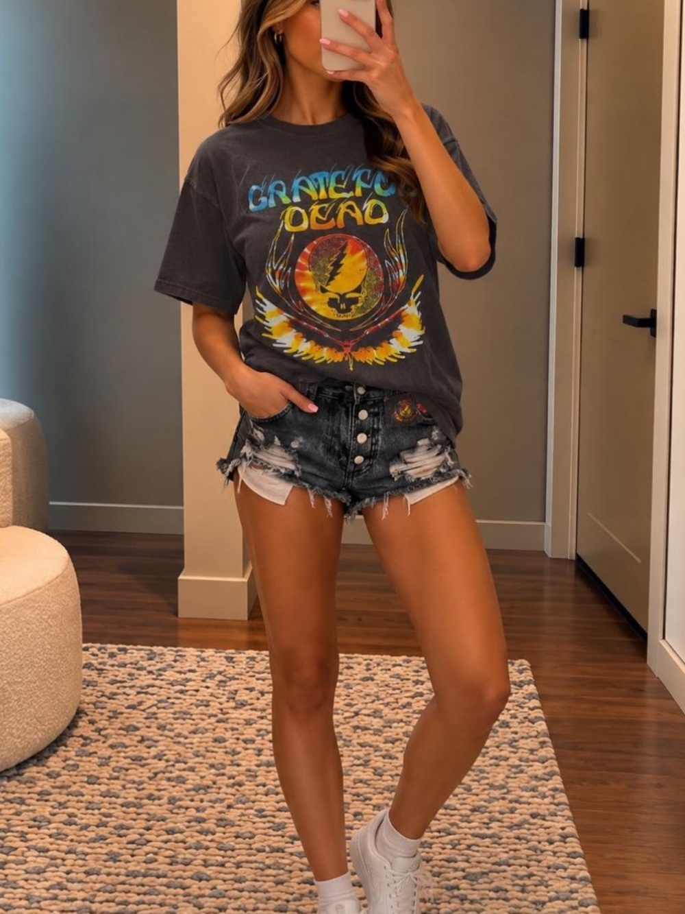Grateful Dead Women's Short Sleeve Graphic Tee - Black with Yellow & Blue Print